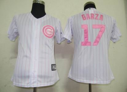 Women Chicago Cubs 17 Garza White Pink strip Jersey
