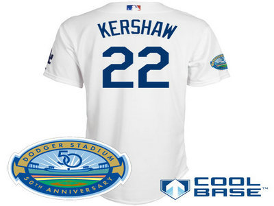Los Angeles Dodgers 22 Clayton Kershaw white Cool Base Jersey wDodger Stadium 50th Anniversary  Patch