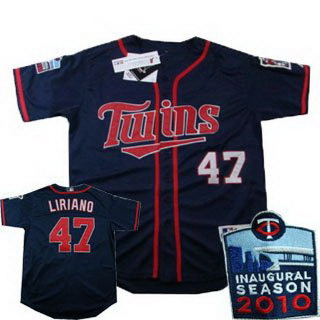 Minnesota Twins 47 Francisco Liriano Navy Blue Jersey (2010 Patch)