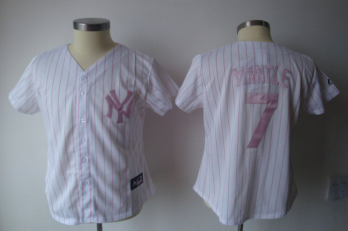 2011 Womennull Jersey by Majestic Athletic yankees 7# mantle white with pink strip