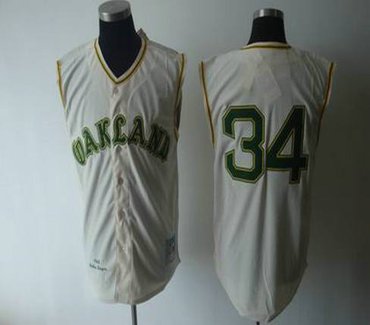 Oakland Atheltics 34 Rollie Fingers cream 1968 Mitchell Ness Jerseys