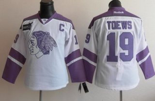 Women Chicago Blackhawks 19 Jonathan Toews White Fights Cancer  Jersey