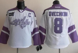 Women Washington Capitals 8 Alex Ovechkin Fights Cancer  Jersey White