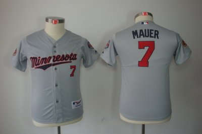 Kids MLB Minnesota Twins #7 Mauer Grey Jerseys