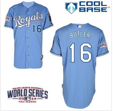 Royals #16 Billy Butler Light Blue Cool Base W 2014 World Series Patch Baseball Jersey