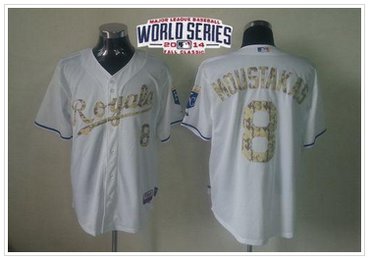 Royals #8 Mike Moustakas White USMC Cool Base W 2014 World Series Patch Baseball Jersey