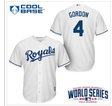 Youth MLB Royals #4 Alex Gordon White Cool Base W 2014 World Series Patch Jersey