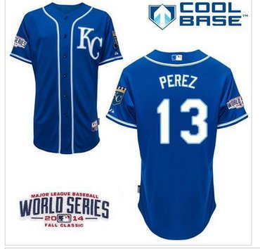 Youth MLB Royals #13 Salvador Perez Blue Cool Base W 2014 World Series Patch Baseball Jersey