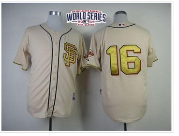 Giants #16 Angel Pagan Cream Gold No. W 2014 World Series Patch Stitched Baseball Jersey