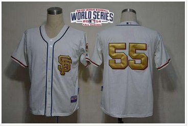 Giants #55 Tim Lincecum Cream Gold No. W 2014 World Series Patch Stitched Baseball Jersey