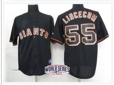 Giants #55 Tim Lincecum Black Fashion W 2014 World Series Patch Stitched Baseball Jersey