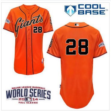 Youth MLB Giants #28 Buster Posey Orange W 2014 World Series Patch Baseball Jersey