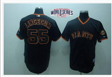 Youth MLB Giants #55 Tim Lincecum Black W 2014 World Series Patch Baseball Jersey