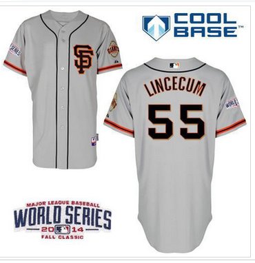 Youth MLB Giants #55 Tim Lincecum Grey Road 2 Cool Base W 2014 World Series Patch Baseball Jersey