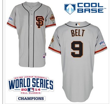 Giants #9 Brandon Belt Grey Road 2 Cool Base W 2014 World Series Patch Stitched Baseball Jersey
