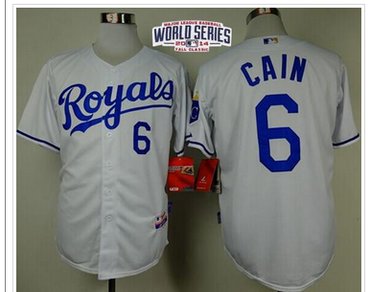 Royals #6 Lorenzo Cain White Cool Base W 2014 World Series Patch Stitched Baseball Jersey