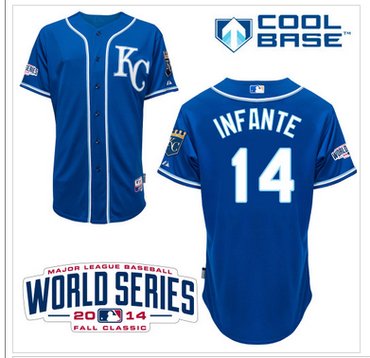 Royals #14 Omar Infante Light Blue Alternate 2 Cool Base W 2014 World Series Patch Stitched Baseball Jersey