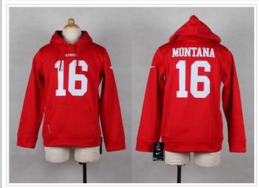 NEW 49ers #16 Joe Montana Red Youth Pullover NFL Hoodie
