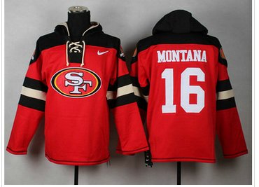 San Francisco 49ers #16 Joe Montana Black_Red Sawyer Hooded Sweatshirt Stitched Jersey