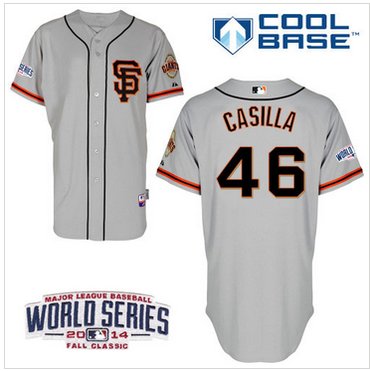 Giants #46 Santiago Casilla Grey Road 2 Cool Base W 2014 World Series Patch MLB Jersey