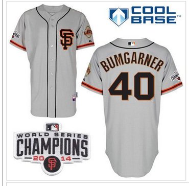 Giants #40 Madison Bumgarner Grey Road 2 Cool Base W 2014 World Series Champions Patch Stitched Baseball Jersey