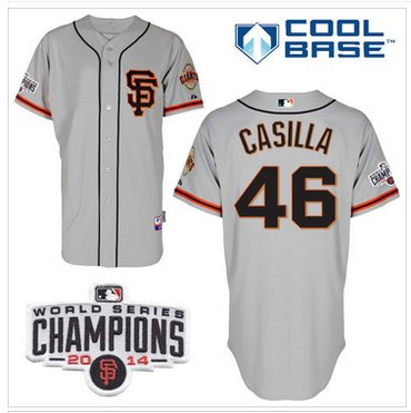 Giants #46 Santiago Casilla Grey Road 2 Cool Base W 2014 World Series Champions Patch MLB Jersey