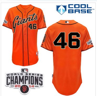 Giants #46 Santiago Casilla Orange Alternate Cool Base W 2014 World Series Champions Patch MLB Jersey