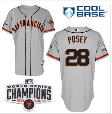 Giants #28 Buster Posey Grey W 2014 World Series Champions Patch Stitched Baseball Jersey