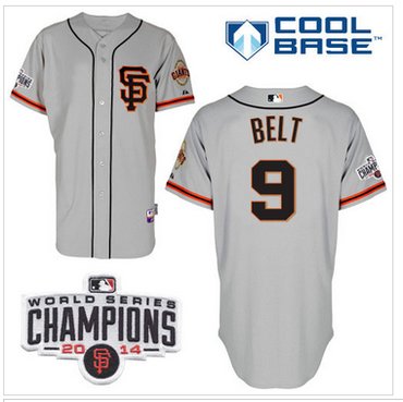Giants #9 Brandon Belt Grey Road 2 Cool Base W 2014 World Series Champions Patch MLB Jersey