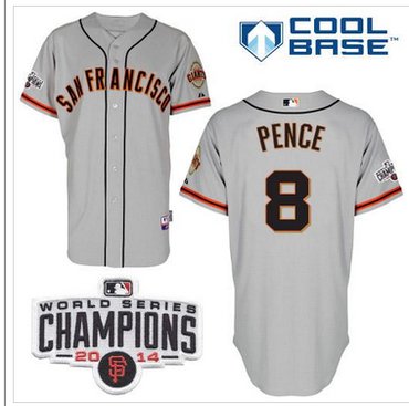 Giants #8 Hunter Pence Grey Road Cool Base W 2014 World Series Champions Patch Baseball Jersey