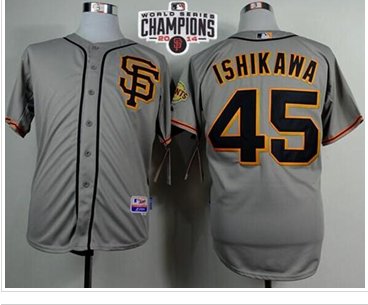 Giants #45 Travis Ishikawa Grey Road 2 Cool Base W 2014 World Series Champions Patch Stitched Baseball Jersey