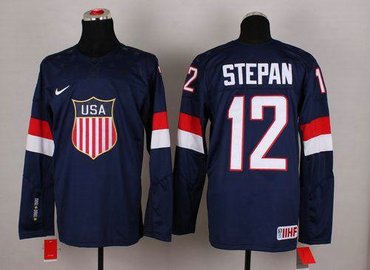 2014 Olympic Team USA #12 Derek Stepan Navy Blue Hockey NHL Jersey