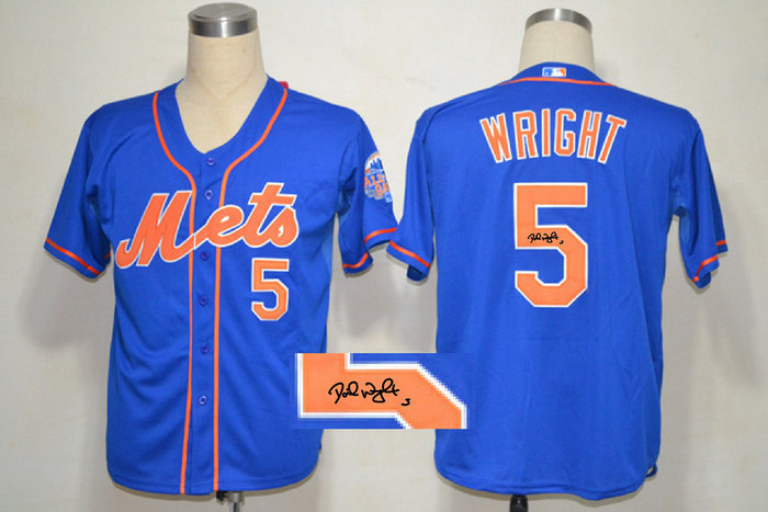 New York Mets 5# David Wright Blue Cool Base MLB Jerseys(Signed)