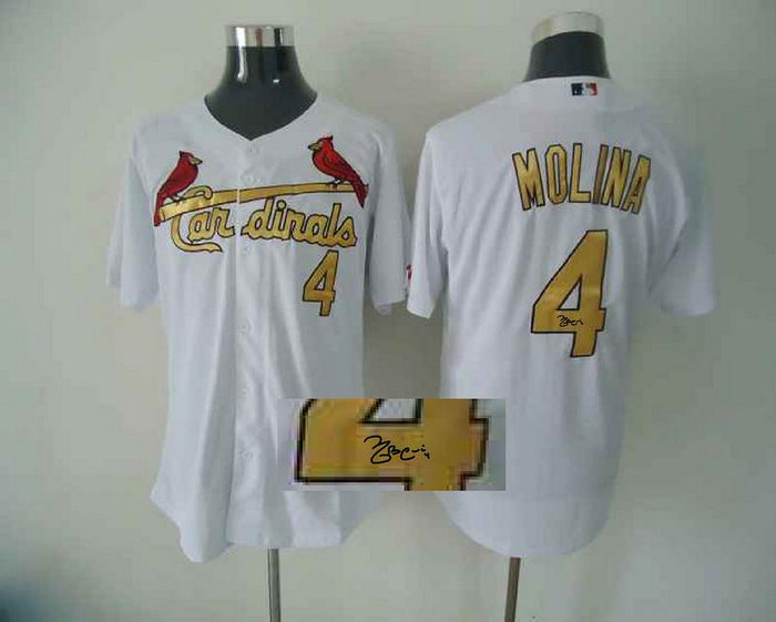 St Louis Cardinals #4 molina White Gold MLB Jerseys(Signed)