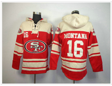 San Francisco 49ers #16 Joe Montana Red Sawyer Hooded Sweatshirt Stitched Jersey