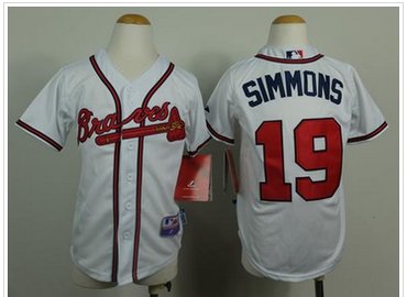 Youth Atlanta Braves #19 Andrelton Simmons White Cool Base Baseball Jersey