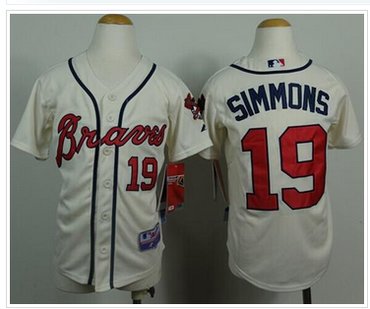 Youth Atlanta Braves #19 Andrelton Simmons Cream Cool Base Baseball Jersey