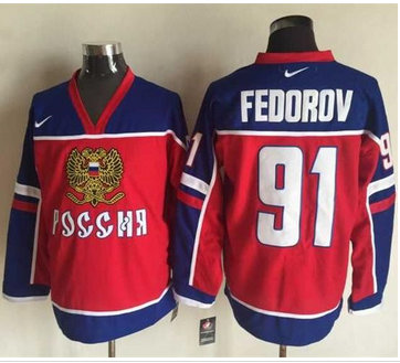 Detroit Red Wings #91 Sergei Fedorov Red Blue Nike Stitched NHL Jersey