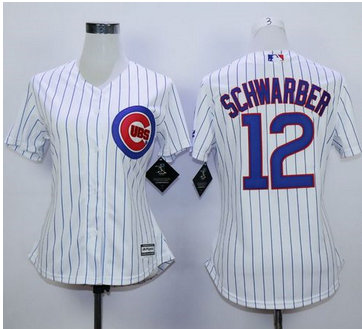Women Chicago Cubs #12 Kyle Schwarber White(Blue Strip) Home Stitched MLB Jersey