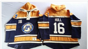 St.Louis Blues #16 Brett Hull Navy Blue Gold Sawyer Hooded Sweatshirt Stitched NHL Jersey