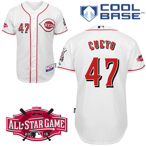 Cincinnati Reds #47 Cueto Authentic Personalized Home White Jersey w2015 All-Star Patch