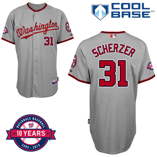 Washington Nationals #31 Scherzer Authentic Personalized Road Gray Jersey 10th Anniversary Patch