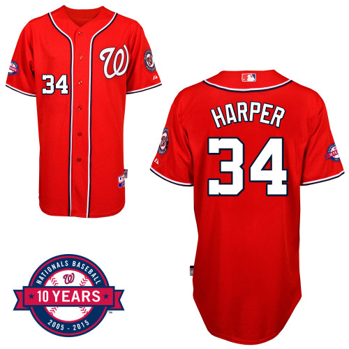Washington Nationals#34 Harper Authentic Personalized Alternate red Jersey 10th Anniversary Patch
