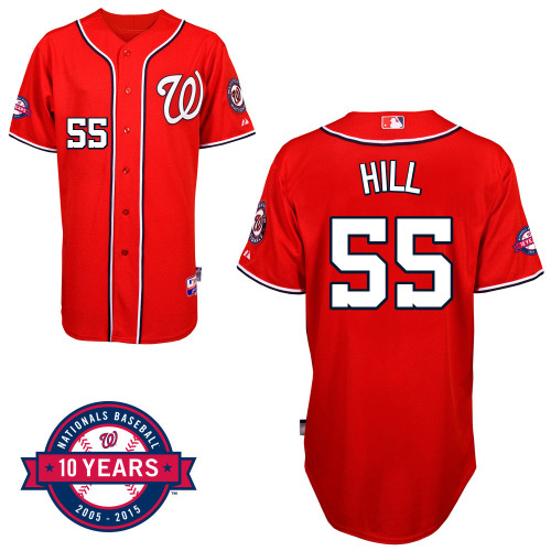 Washington Nationals#55 Hill Authentic Personalized Alternate red Jersey 10th Anniversary Patch