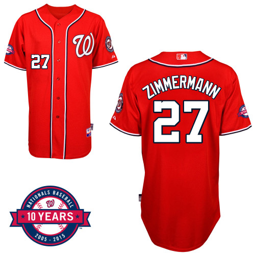 Washington Nationals#27 Zimmermann Authentic Personalized Alternate red Jersey 10th Anniversary Patch
