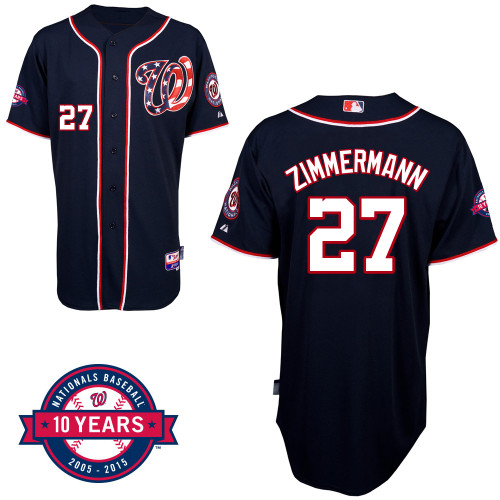 Washington Nationals#27 Zimmermann Authentic Personalized Alternate Blue Jersey 10th Anniversary Patch