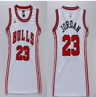 Women Bulls #23 Michael Jordan White Dress Stitched NBA Jersey