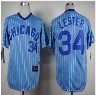 Chicago Cubs #34 Jon Lester Blue(White Strip) Cooperstown Throwback Stitched Baseball Jersey