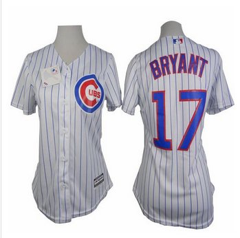 Women Cubs #17 Kris Bryant White(Blue Strip) Fashion Stitched Baseball Jersey