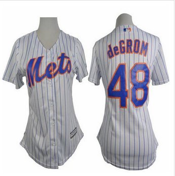 Women Mets #48 Jacob deGrom White(Blue Strip) Home Stitched Baseball jersey